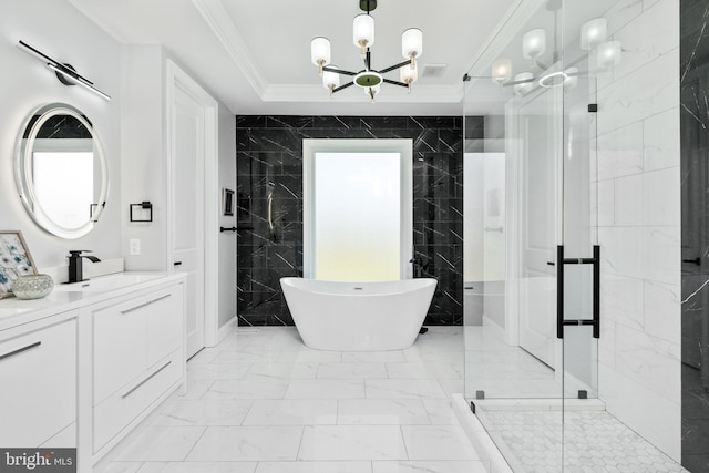 bathroom with a shower stall, crown molding, tile walls, marble finish floor, and a chandelier