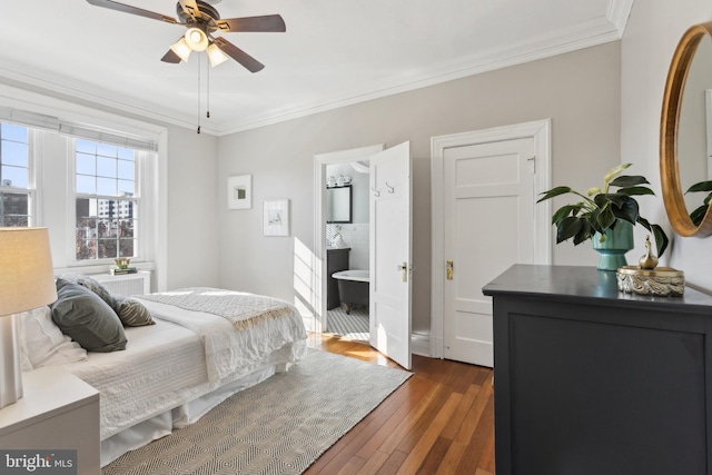 bedroom with crown molding, a ceiling fan, and hardwood / wood-style flooring