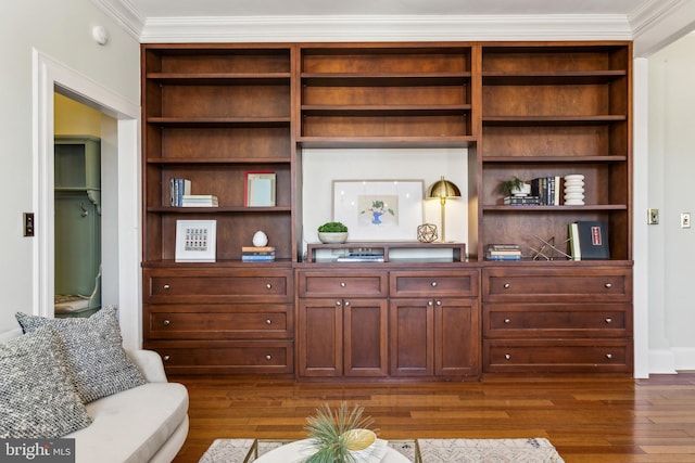 interior space featuring dark wood-style flooring and ornamental molding