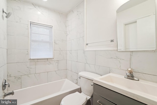 bathroom with vanity, shower / tub combination, tile walls, toilet, and backsplash