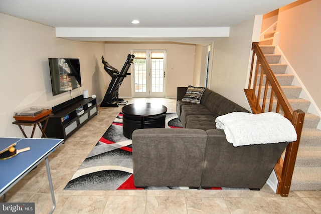 living room with recessed lighting, french doors, stairs, and tile patterned floors