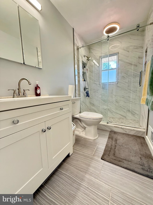 bathroom featuring a shower stall, toilet, and vanity