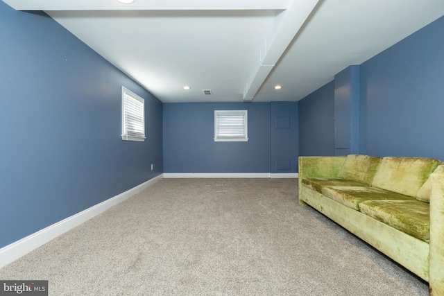 living room featuring recessed lighting, visible vents, baseboards, and carpet floors