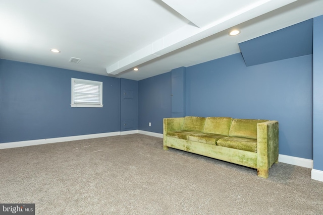 unfurnished room with recessed lighting, baseboards, visible vents, and carpet floors