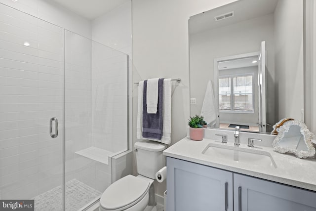 full bathroom featuring visible vents, a shower stall, toilet, and vanity