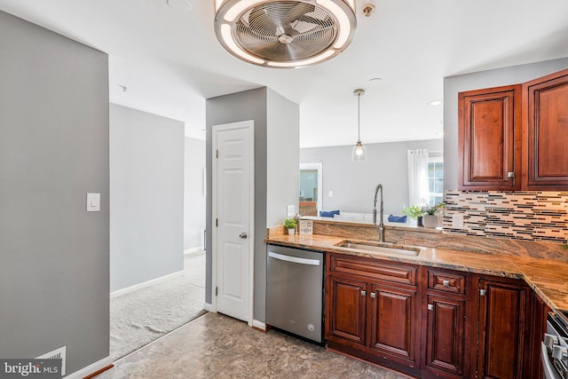 kitchen featuring visible vents, a sink, stainless steel dishwasher, decorative backsplash, and hanging light fixtures