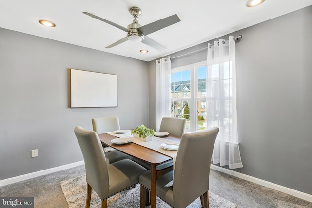 dining area with recessed lighting, a ceiling fan, baseboards, and carpet floors