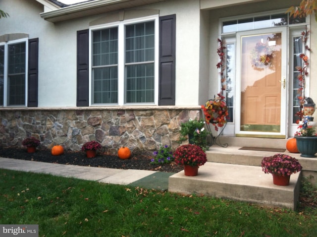 doorway to property with stone siding and stucco siding