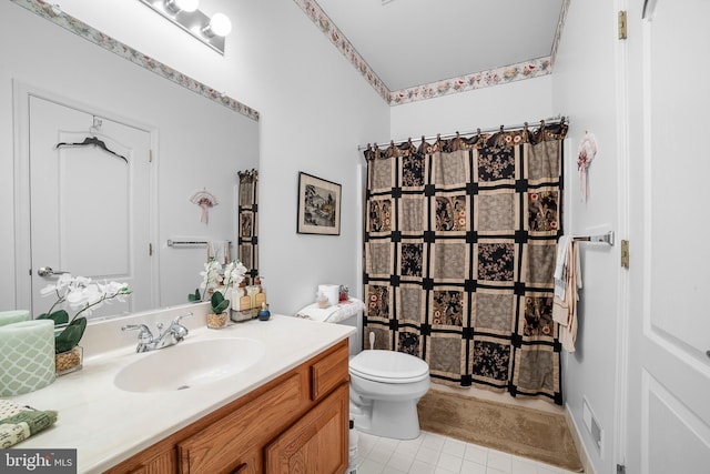 bathroom with visible vents, a shower with curtain, toilet, tile patterned flooring, and vanity