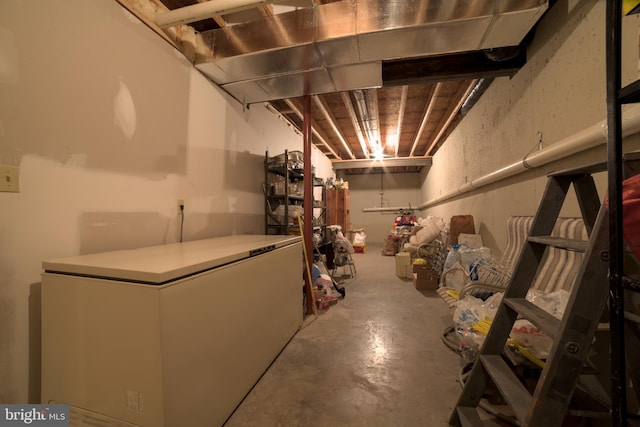 unfinished below grade area with refrigerator