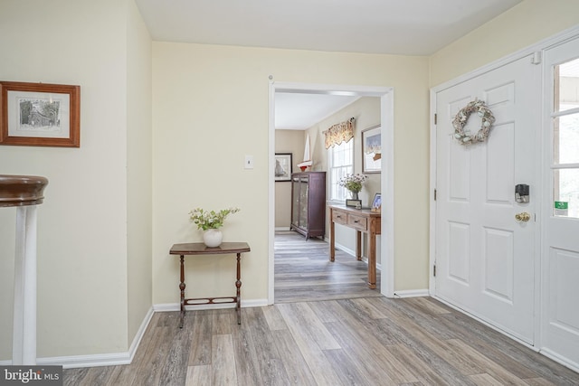 foyer entrance with baseboards and wood finished floors