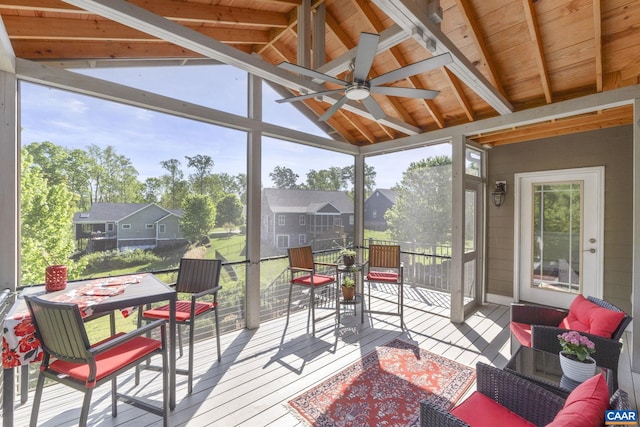 155 Highland Cir, Zion Crossroads, VA 22942 - sunroom / solarium featuring ceiling fan, a residential view, outdoor dining area, and beam ceiling