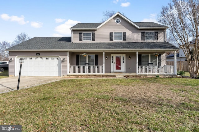 view of front facade with a porch, concrete driveway, a front yard, and an attached garage