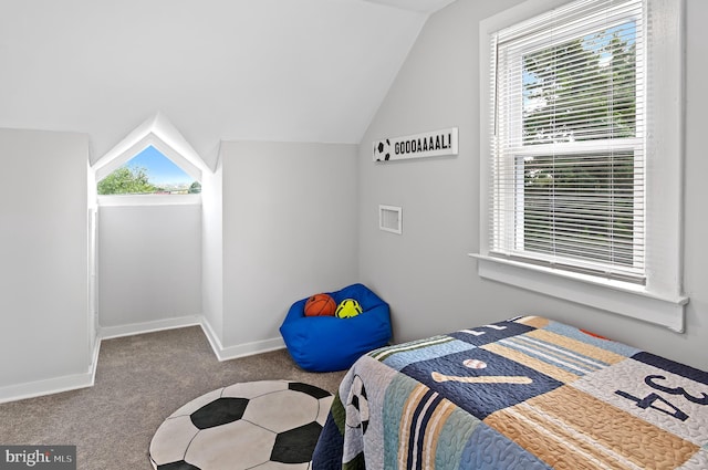 carpeted bedroom with baseboards and lofted ceiling