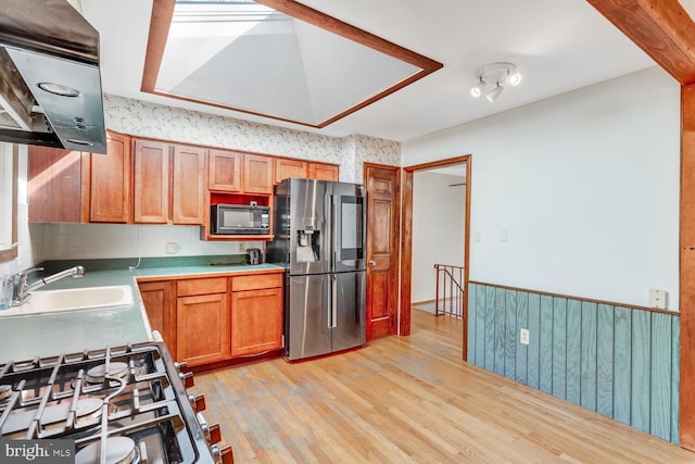 kitchen featuring a sink, ventilation hood, stainless steel appliances, light wood-style floors, and wainscoting