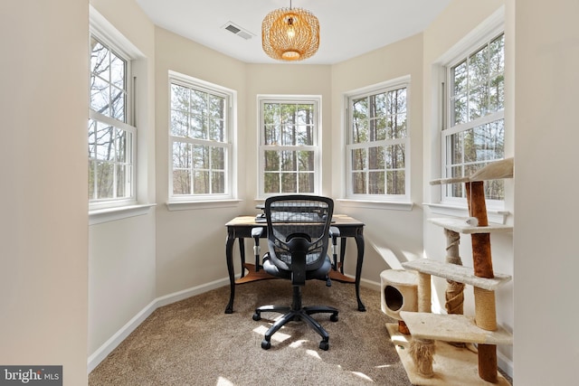 office featuring visible vents, a healthy amount of sunlight, baseboards, and carpet floors