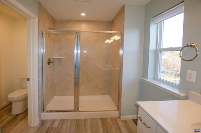 full bath featuring a shower stall, vanity, toilet, and wood finished floors