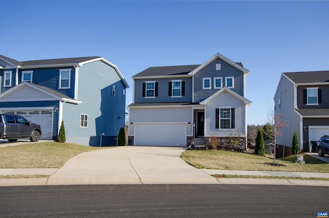 traditional-style house featuring a garage, a front lawn, and driveway