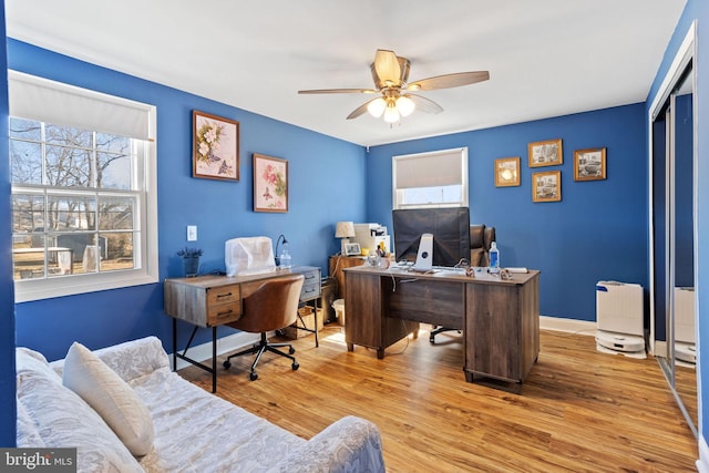 office area featuring ceiling fan, baseboards, and wood finished floors