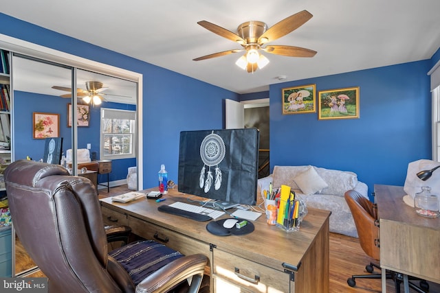 office area featuring wood finished floors and ceiling fan