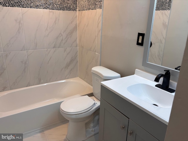 full bath featuring vanity, toilet, bathtub / shower combination, and marble finish floor