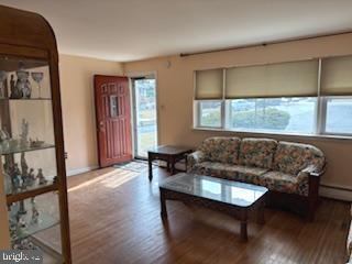 living room with baseboards and wood finished floors