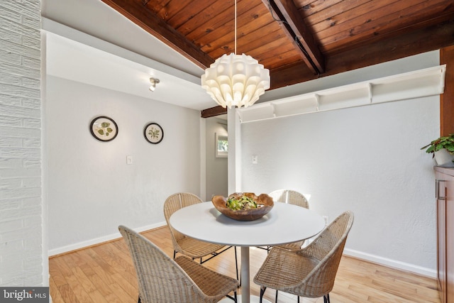 7711 Holmes Run Dr, Falls Church, VA 22042 - dining area with light wood-style floors, baseboards, wood ceiling, and beam ceiling