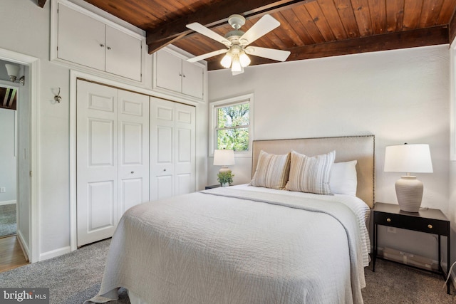 7711 Holmes Run Dr, Falls Church, VA 22042 - carpeted bedroom with ceiling fan, baseboards, wooden ceiling, vaulted ceiling with beams, and a closet