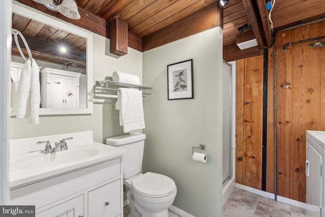 7711 Holmes Run Dr, Falls Church, VA 22042 - full bathroom featuring vanity, toilet, baseboards, wood ceiling, and a stall shower