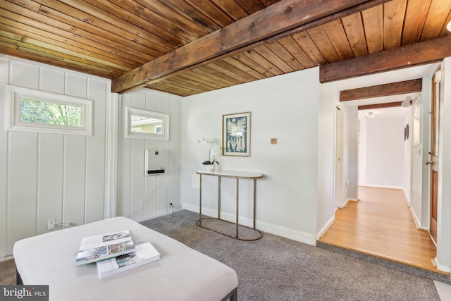 7711 Holmes Run Dr, Falls Church, VA 22042 - entryway featuring carpet floors, baseboards, wood ceiling, and beam ceiling