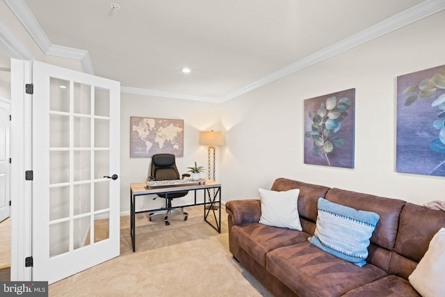 carpeted office featuring french doors and ornamental molding