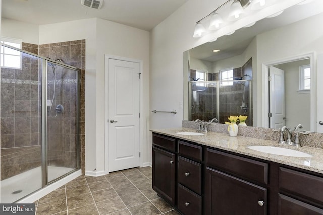 bathroom with a shower stall, a healthy amount of sunlight, and a sink