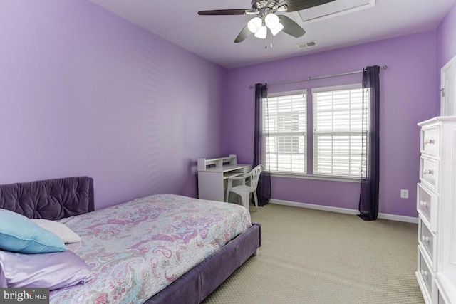 bedroom featuring visible vents, baseboards, ceiling fan, and carpet flooring