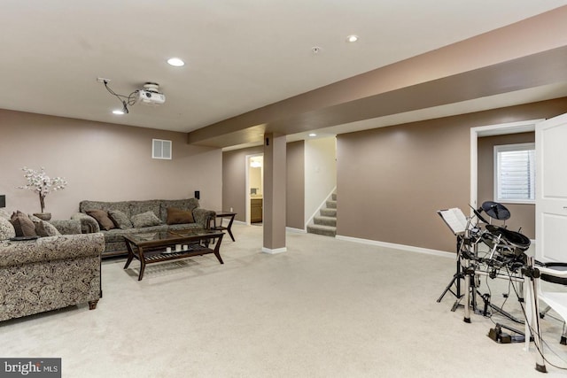 living area featuring visible vents, light carpet, recessed lighting, baseboards, and stairs