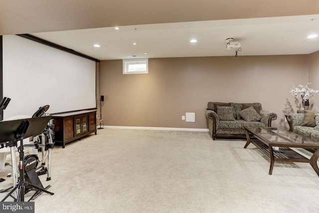 home theater with recessed lighting, baseboards, and light carpet