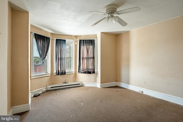 1121 E 22nd St, Wilmington, DE 19802 - carpeted spare room with baseboards, a textured ceiling, ceiling fan, and baseboard heating