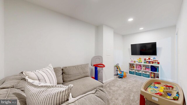 playroom with recessed lighting, baseboards, and carpet