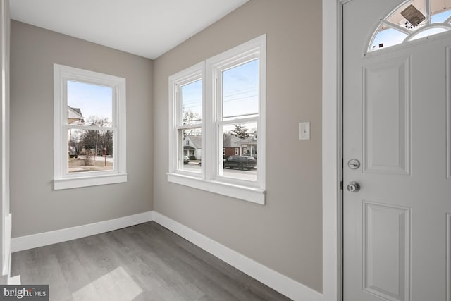 entryway featuring baseboards and wood finished floors