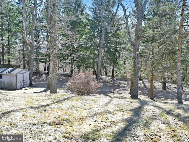 view of yard featuring an outbuilding, a storage unit, and a view of trees