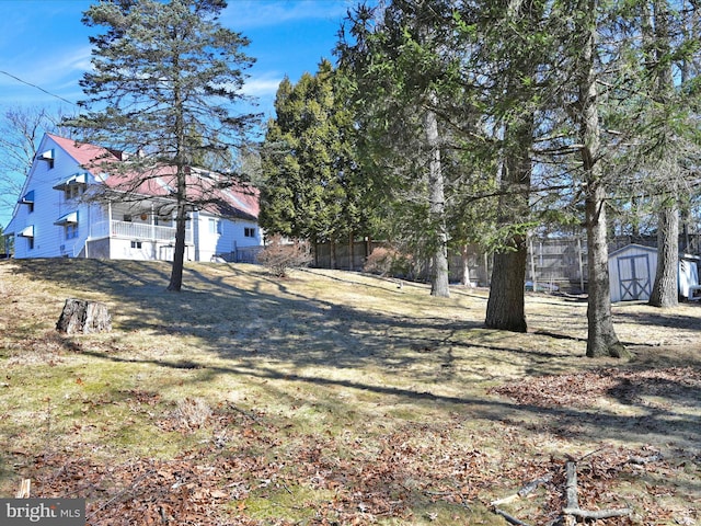 view of yard with a storage unit, an outbuilding, and fence