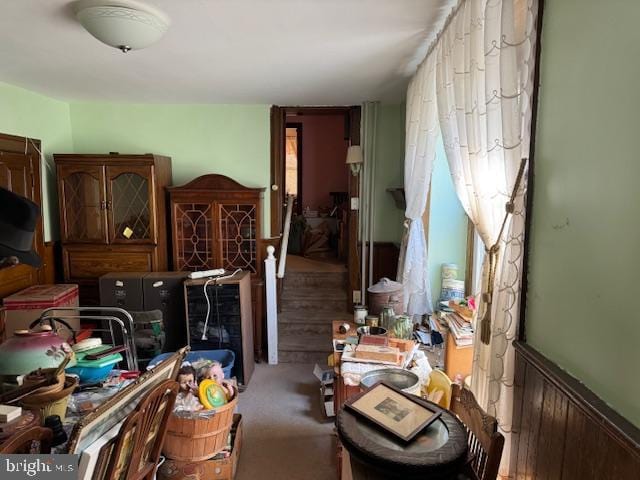 miscellaneous room featuring carpet flooring and wainscoting