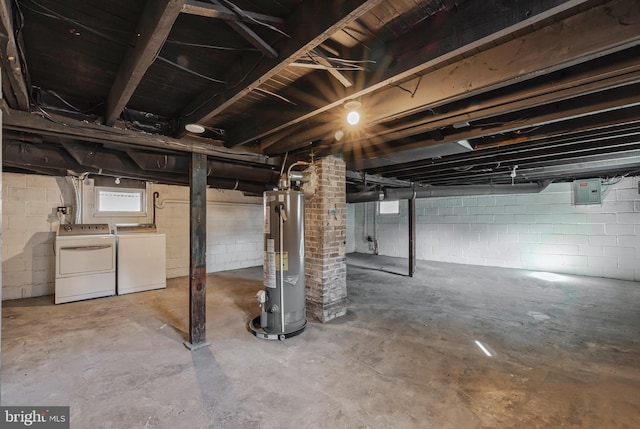 basement with electric panel, water heater, and washing machine and clothes dryer