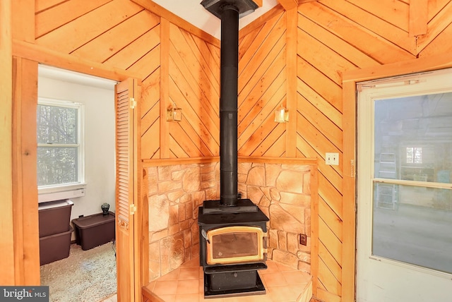 interior details with a wood stove