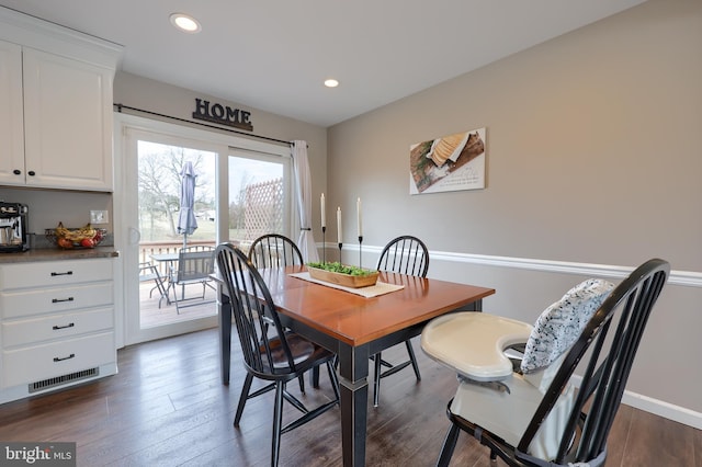 dining area with visible vents, recessed lighting, and dark wood-type flooring