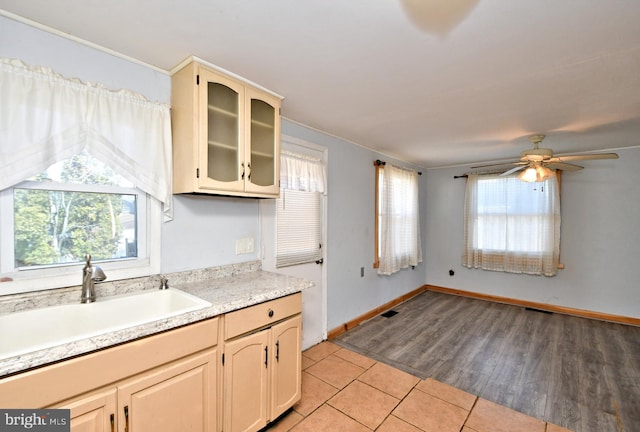 kitchen featuring a sink, plenty of natural light, a ceiling fan, and light countertops