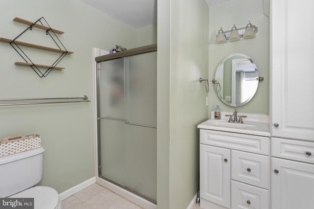 full bathroom featuring vanity, a shower stall, toilet, and tile patterned floors