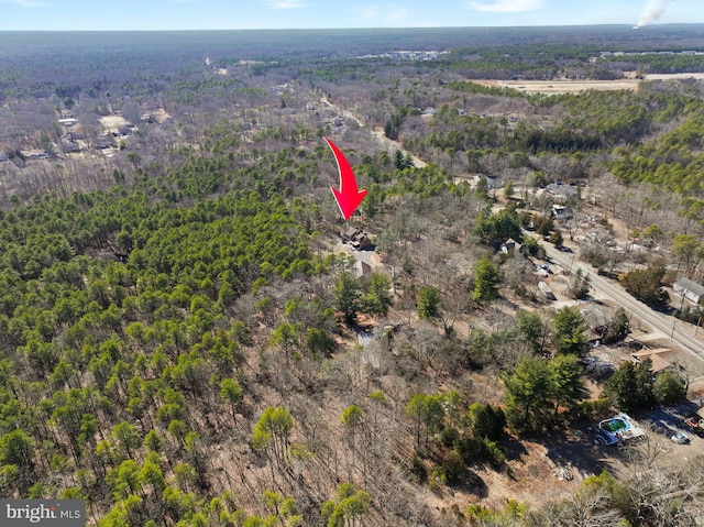 drone / aerial view featuring a view of trees