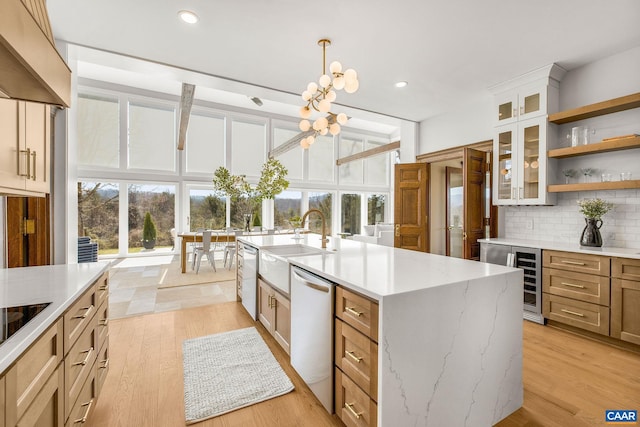 kitchen with beverage cooler, open shelves, decorative backsplash, custom range hood, and stainless steel dishwasher