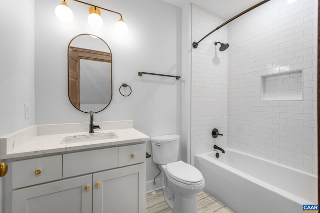 full bath with vanity, toilet, bathtub / shower combination, and baseboards