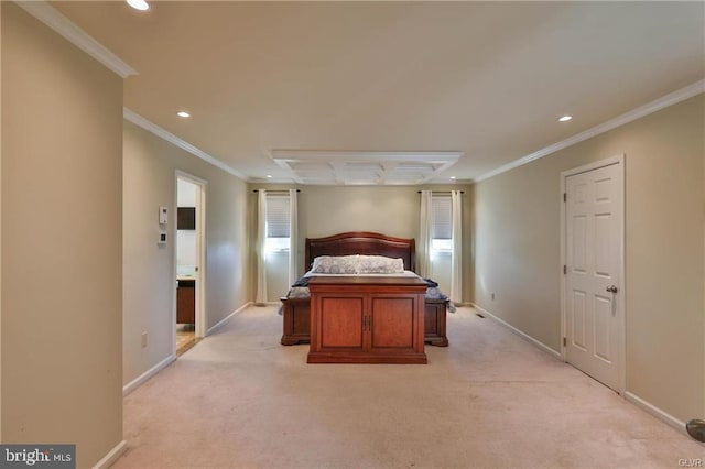 bedroom with recessed lighting, baseboards, and light carpet